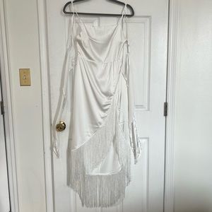 12th Tribe Monet White Fringe Satin Maxi Dress Size S — BRAND NEW